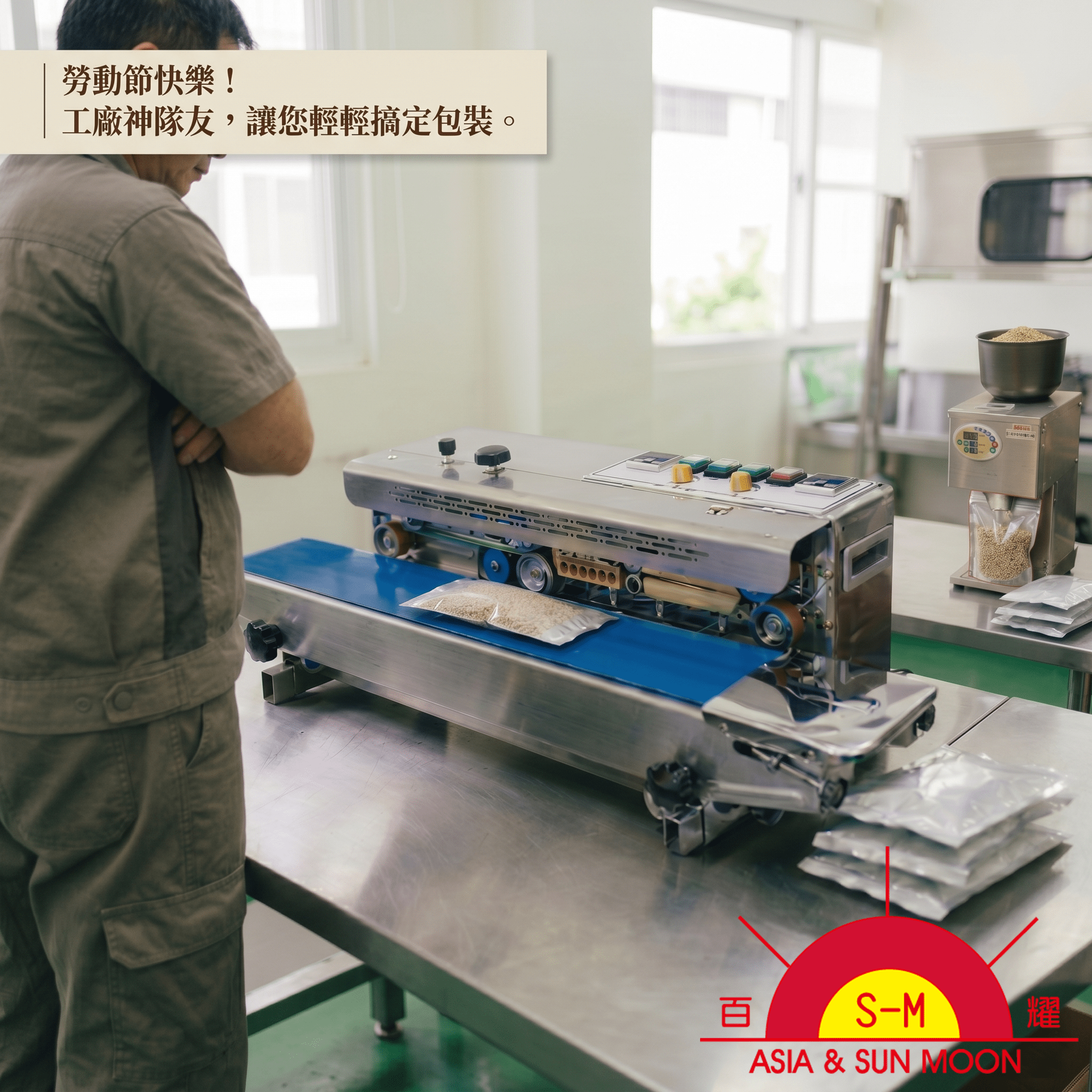 勞動節自動化包裝設備示意圖，展示連續式封口機、定量分裝機與自動包裝機，幫助工廠員工告別重複性勞動，提升生產效率與工作體驗。